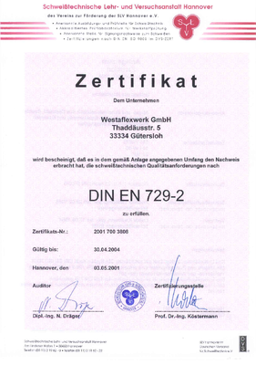 Zertifikat nach DIN EN 729-2